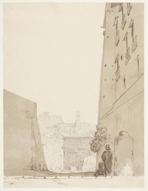 View of the Arch Septimus Severus taken from Passage leading to the Capitol, Coliseum and Appenines in Distance