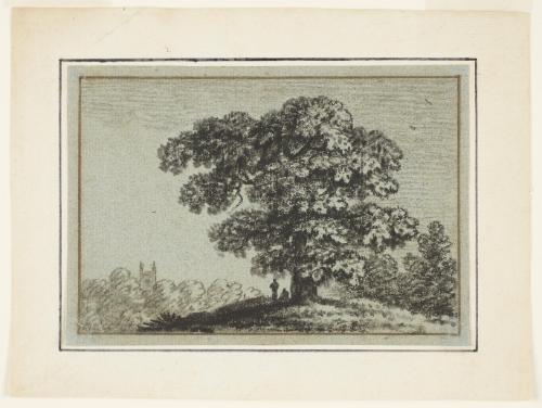 Landscape with tree, two figures, and a church tower