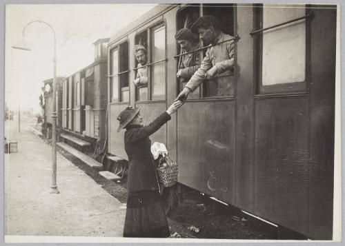 The French in Italy, train of French troops at the station in Mesocco