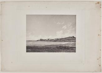 View of a town on the shore of the Dead Sea [?]. Related to, but perhaps not published in, [Duc de Luynes], Voyage d'exploration à la mer Morte, à Petra et sur la rive gauche du Jourdain par M. Le Duc de Luynes... Oeuvre posthume publiée par ses Petit-fil