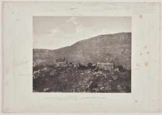 View of architectural ruins, remains of a sculpted frieze with animals in profile resting on top of two courses of stonework to right hand side. Related to, but perhaps not published in, [Duc de Luynes], Voyage d'exploration à la mer Morte, à Petra et sur