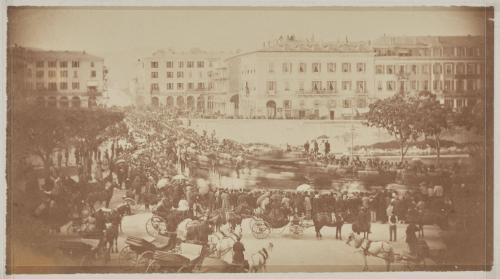 The Funeral Procession of Grand Duke Nicholas of Russia, crossing the Pont Neuf, Nice, on 28th April, 1865. Photographed from a window of a building on the Place Charles-Albert