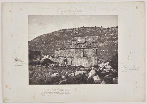 View of an architectural ruin including remains of a sculpted frieze with animals in profile resting on top of two courses of stonework with a standing figure resting. Related to, but perhaps not published in, [Duc de Luynes], Voyage d'exploration à la me