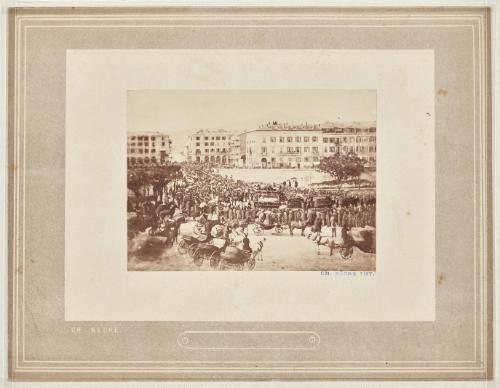 The Funeral Procession of Grand Duke Nicholas of Russia, crossing the Pont Neuf, Nice, on 28th April, 1865. Photographed from a window of a building on the Place Charles-Albert