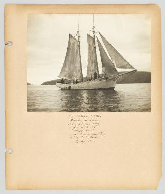 The schooner yacht "Stellata", on which I voyaged from Bay of Islands to the "Goose Arm" on a mining expedition by Mr. W.E. Lewis, In Sep. 1902. Page 20 of Newfoundland from Collection of Canadian albums compiled by Edith S. Watson

