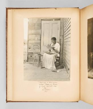 Beginning a sweetgrass basket means a circle of dyed splints, like this. In Odanak, Que. Page 8 of The Abenaki; from collection of Canadian albums compiled by Edith S. Watson, 1890s-1930s