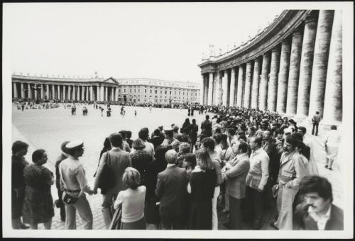 Large crowds of people line up in St. Peter's Square to view Pope John Paul I lying in state, 29 September 1978