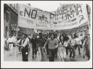 High school students from Liceo Castelnuovo in Rome march in a rally against nuclear energy and against the reform of the school system
