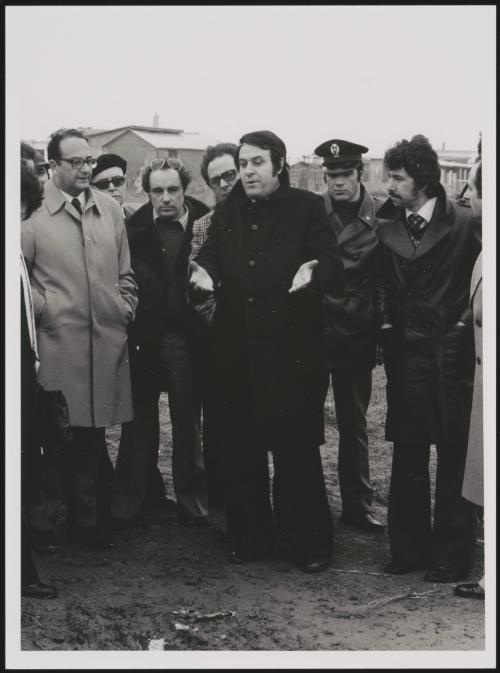Carlo Moro, President of the Juvenile Court of Rome, brother of Aldo Moro, with Masono, chief of the street patrol policeinvestigating the death of Pier Paolo Pasolini, Ostia, 1975, Massimo Vegari