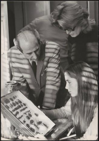 Giulio Macchi looks at a case of taxidermy beetles with a woman and girl
