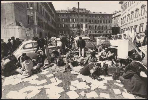 People displaced from their homes after an earthquake in Sicily, Valle del Belice, protesting outside Parliament as their new housing has still not been built.