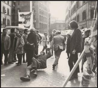 People displaced from their homes after an earthquake in Sicily, Valle del Belice, protesting outside Parliament as their new housing has still not been built