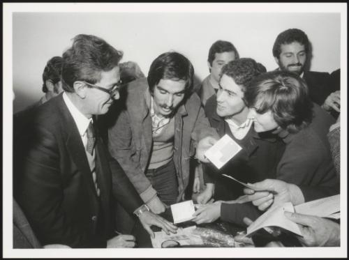 PCI members and Enrico Berlinguer at a meeting in the Tor de Schiavi district, Rome