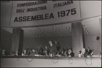 Emilio Colombo speaks at an Italian industry conference in 1975 