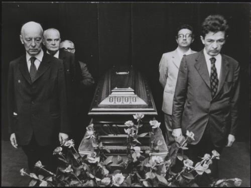 At the funeral of Italian Communist politician, Pietro Secchia, the pallbearers prepare to carry the coffin. They are, (L-R) Giancarlo Pajetta, Arturo Colombi, Emilio Sereni, and Armando Cossutta and Enrico Berlinguer