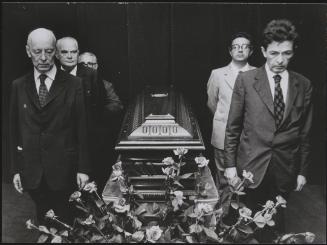 At the funeral of Italian Communist politician, Pietro Secchia, the pallbearers prepare to carry the coffin. They are, (L-R) Giancarlo Pajetta, Arturo Colombi, Emilio Sereni, and Armando Cossutta and Enrico Berlinguer