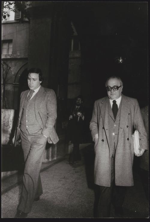 PCI politicians Claudio Signorile and Gerardo Chiaromonte leaving government meetings at the headquarters of the Christian Democratic Party, where the economy was discussed by the 6 parties