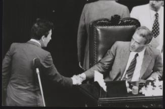 Enrico Berlinguer shakes hands with Pietro Ingrao, the President of the Italian Chamber of Deputies