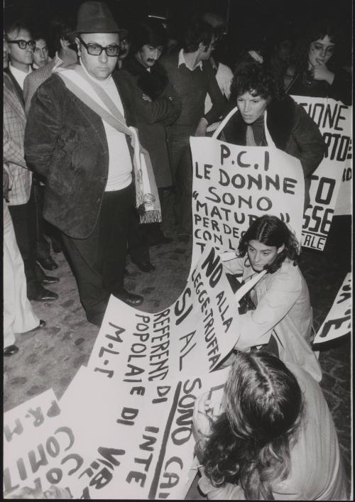 Women from the M.L.D- Movement for the Liberation of Women, sit down at a pro abortion protest