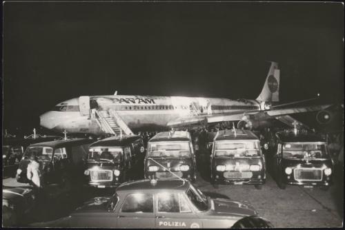 The Pan Am plane attacked by terrorists in the  massacre at the Leonardo da Vinci Airport at Fiumicino, Rome, 17.12.1973
