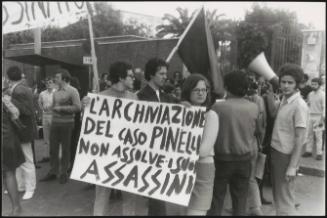 University students protesting in Rome about the case of Giuseppe Pinelli, an anarchist who died while in police custody