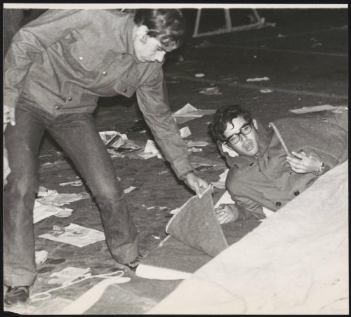 Two young men attend protests in the destroyed town Gibellina after the earthquake Belice in Sicily 1968