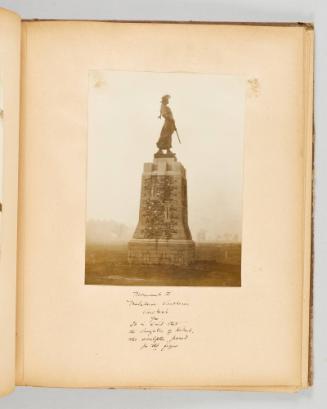 Monument to Madeleine Vercheres. Vercheres, Que. It is said that the daughter of Hebert, the sculptor, posed for the figure. Page 29 of Quebec II; from collection of Canadian albums compiled by Edith S. Watson, 1890s-1930s
