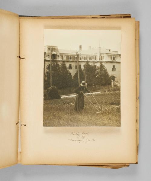 Weeding onions in the monastery garden. Page 27 of Ste Anne de Beaupré; from collection of Canadian albums compiled by Edith S. Watson, 1890s-1930s