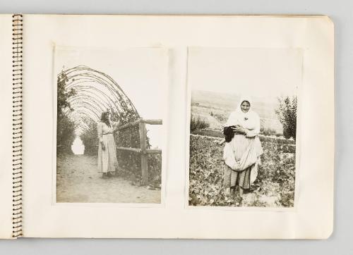 [Woman standing under viney trellis; Woman nursing baby] [Page 49 of The Doukhobors I album]