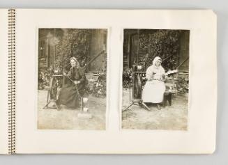 [Women posing outside of their homes with their spinning wheels] [Page 41 of The Doukhobors I album]