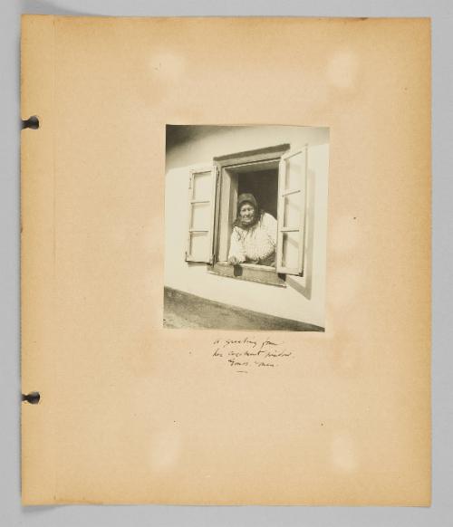 A greeting from her corment window, Gonor, Man. [Page 9 of New Canadians album]
