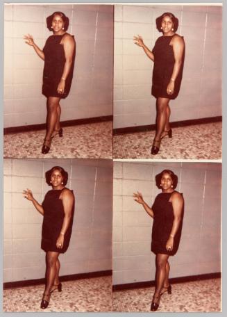 [Sheet with four reproductions of the same image: a woman in a black dress and high heels with her hand against a cinderblock wall]