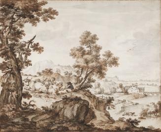 A Wooded River Landscape, with a Peasant tending Animals, a Building and Bridges Beyond