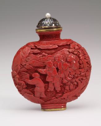 Snuff Bottle, with carved depiction of children in a garden