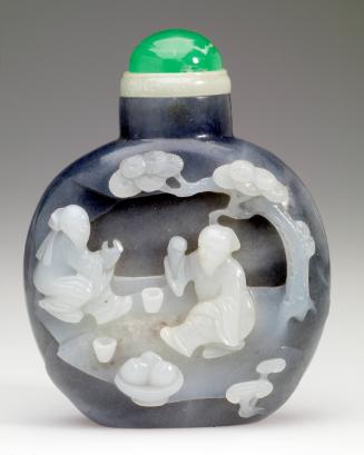Snuff Bottle, with carved scholars drinking tea under a pine tree