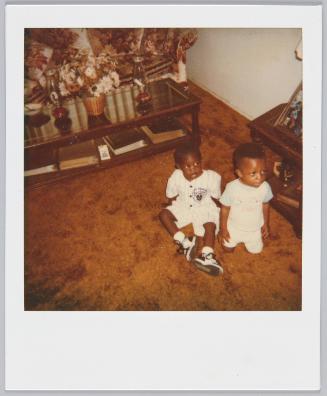 [Two little boys sitting on brown carpeted floor]