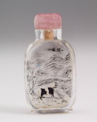 Miniature snuff bottle of glass painted on the inside with horse and mountainous setting