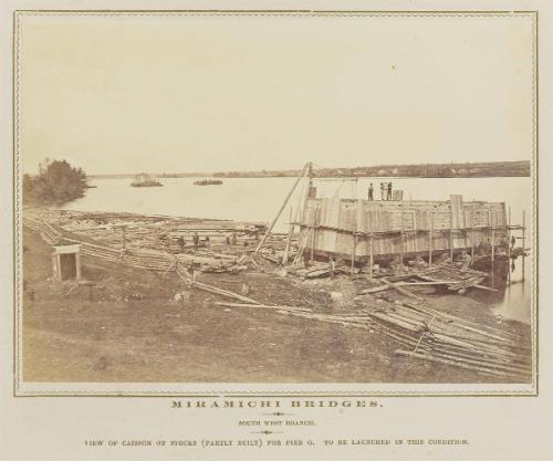 Miramichi Bridges: South West Branch. View of Caisson on stocks (partially built) from Pier G. to be launched in this condition. [1872-1874]
