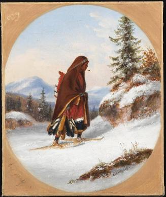 Indian Moccasin Seller with Papoose on Snowshoes