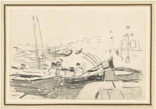 Barges Drawn up at a Wharf