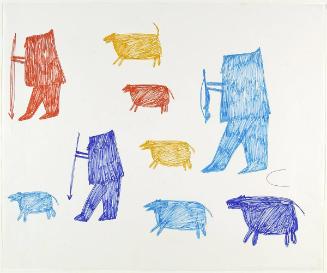 Three Hunters with Five Dogs