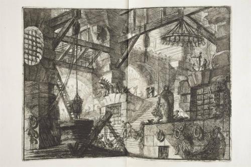 Colonnaded Interior with a Broad Staircase Divided in Two by a Stone Projection with Barred Window