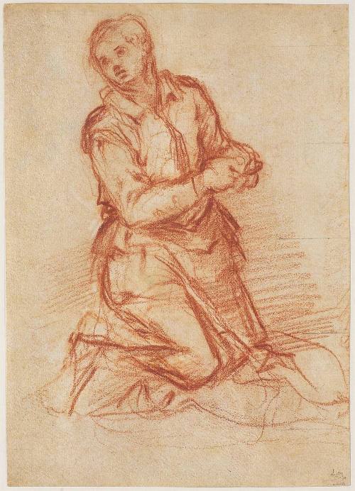 Study of a Kneeling Youth, Looking to the Left (recto); Studies of Drapery and a Bust-Length Youth (verso)