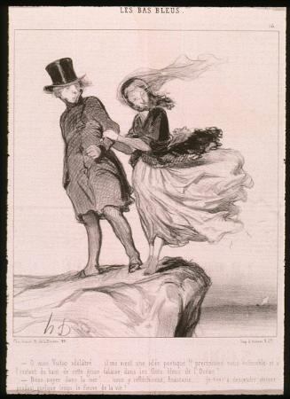 -O mon Victor idolâtré...il me vient une idée poétique!! Précipitons nous ensemble et à l’instant du haut de cette grise falaise dans les flots bleus de l’Océan!... –Nous noyer dans la mer!... nous y réfléchirons, Anastasie, ... je tiens à descendre encore pendant quelque temps le fleuve de la vie! from Les Bas Bleus