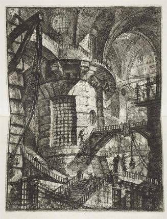 A Vaulted Building with a Staircase Leading Round a Central Column with Barred Window in the Centre