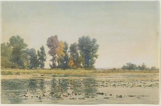 Lakeside scene with waterlilies (recto);Sketches of men pulling in fishing nets (verso)