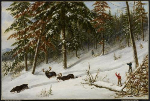 Huntsmen Shooting Moose in Winter