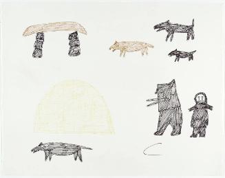 Man and Child with Igloo, Kayak and Dogs