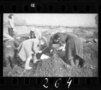 Residents digging while young boy searches in the ground for food