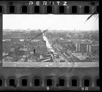 Aerial view of Zigerska Street, the "Aryan" street, with pedestrian bridge in the background